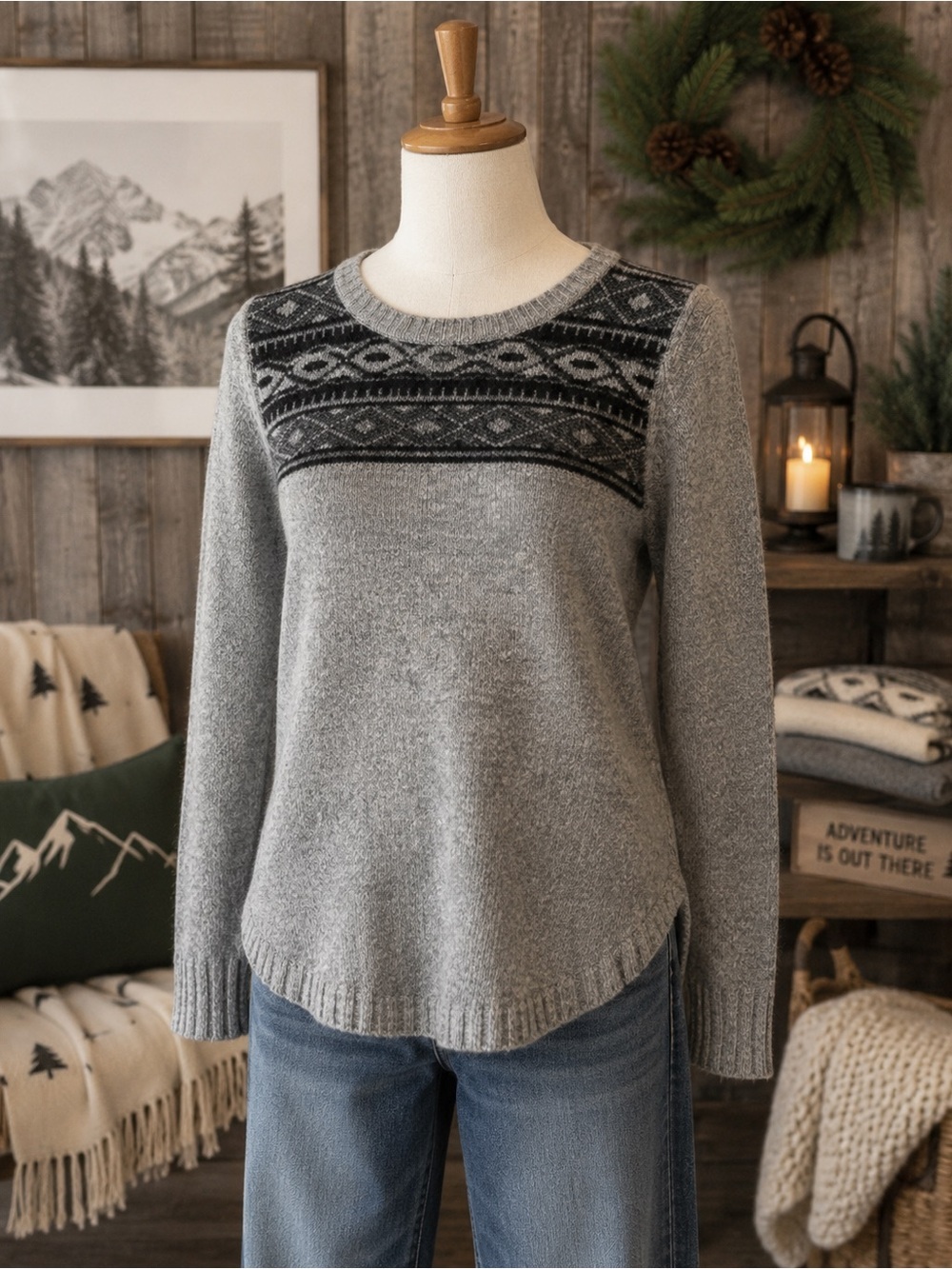 Toad&Co 100% Lambswool Gray Fair Isle Knit Sweater Small Nordic Pullover